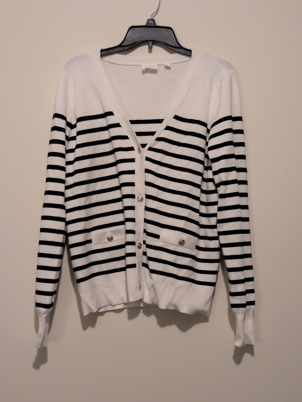 Cyrus Striped V-Neck Button Cardigan - White & Black